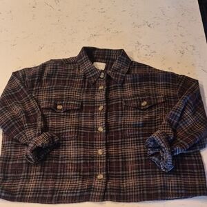 American Eagle Cropped Flannel - Brown, Tan & Maroon Plaid